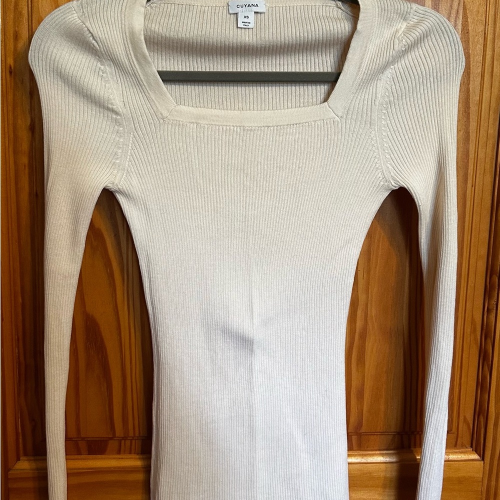 Cuyana Cream Silk Blend Ribbed Long Sleeve Top Size XS